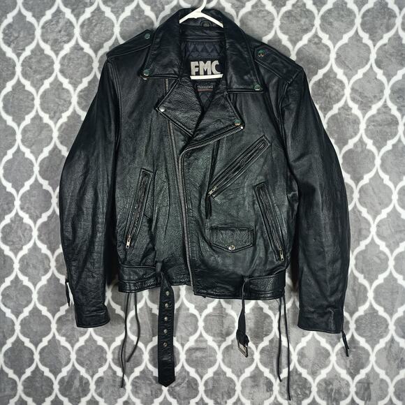 Vintage FMC Leather Jacket Mens 44 Black Thinsulate Biker Motorcycle Patch 90s - Picture 1 of 16